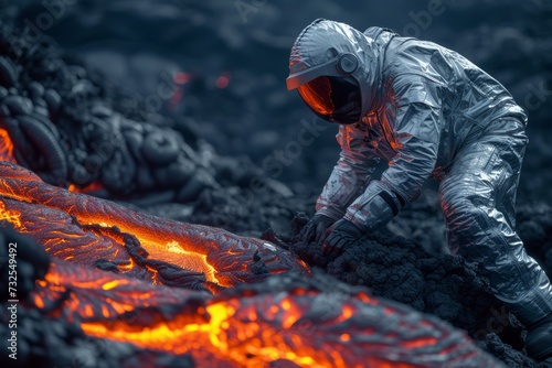 Man in special suit collecting lava samples from a volcano