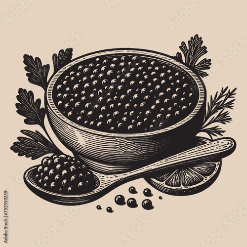 Black caviar.  Beautiful retro engraving illustration. Black icon, logo, label. isolated element.	