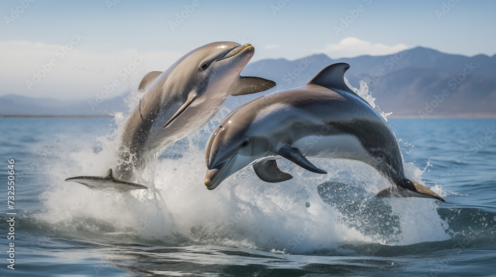Naklejka premium close up dolphins jumping out the water