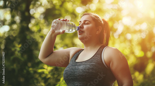 Mulher plus size bebendo agua após exercícios ao ar livre 