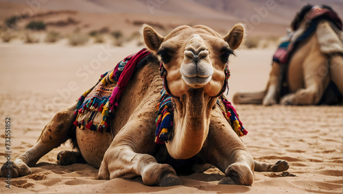 A close-up of a camel resting on the desert sand with its front legs folded, calmly observing the camera. photo