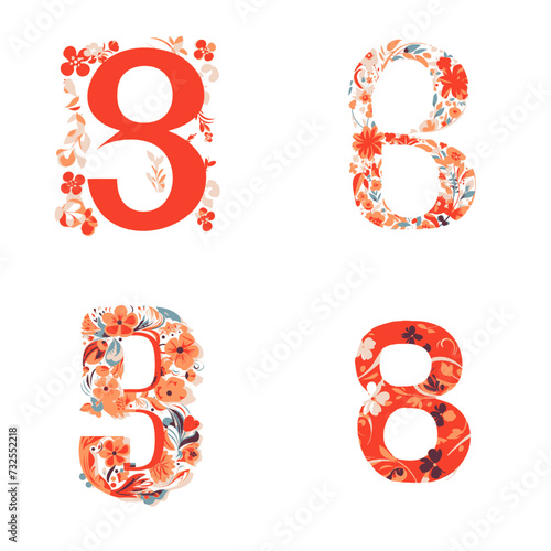 8 March, Women's day vector greeting card with Number 8, red flowers in the flat floral style isolated on white background, colorful illustration for design web banner, flyer, cards and invitation