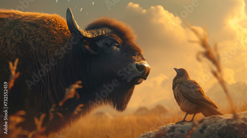 A small bird with a buffalo, generative ai