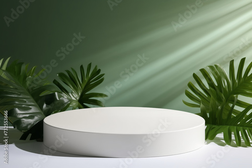 Minimal scene with white podium and tropical leaves.