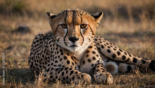 A close-up of a cheetah resting on the ground with its front paws extended  gazing at the camera.