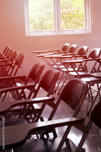 empty chairs and tables in school