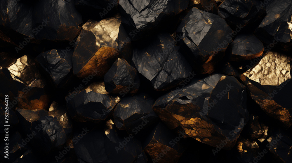 
Golden rocks on black leather background, bold palette, environmental activism.