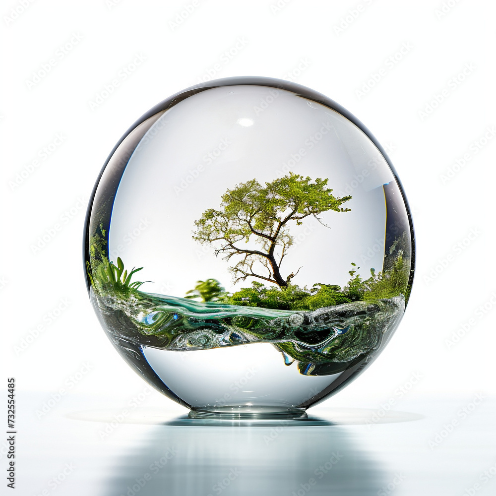 Island of nature in a glass ball on a white background