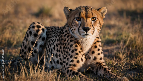 A close-up of a cheetah resting on the ground with its front paws extended, gazing at the camera.