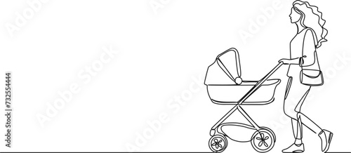 continuous single line drawing of woman with baby stroller, line art vector illustration