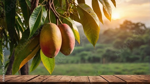 Mango fruit hanging on a tree with a rustic wooden table and a sunset view  © Naila