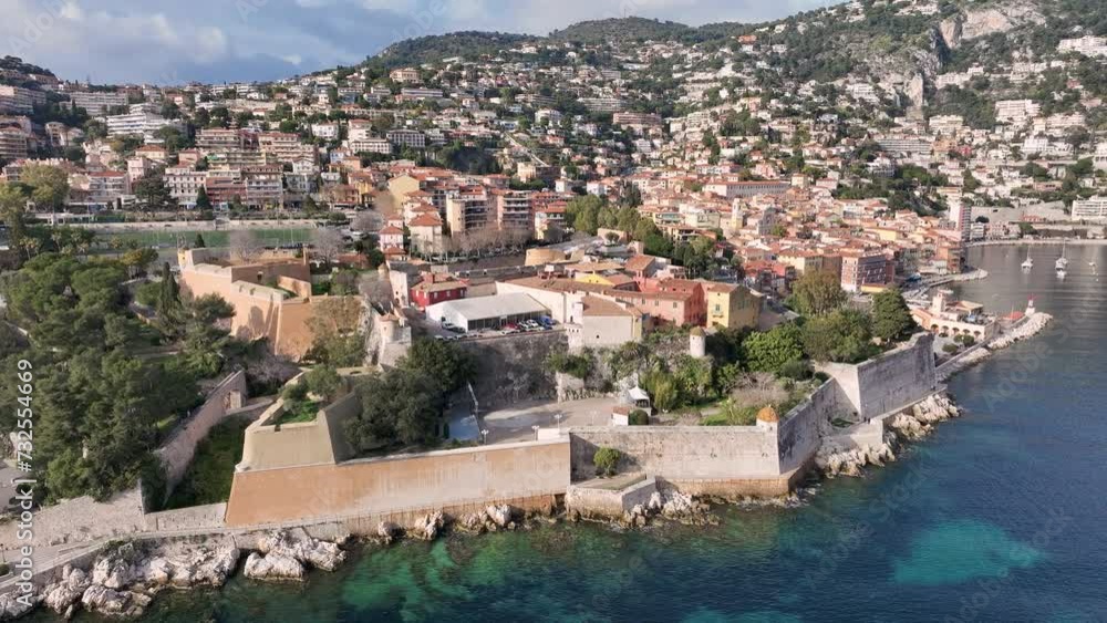 Drone flies around the Citatel of Villefranche-sur-mer, from right to left Drone flies around the Citatel of Villefranche-sur-mer, from right to left