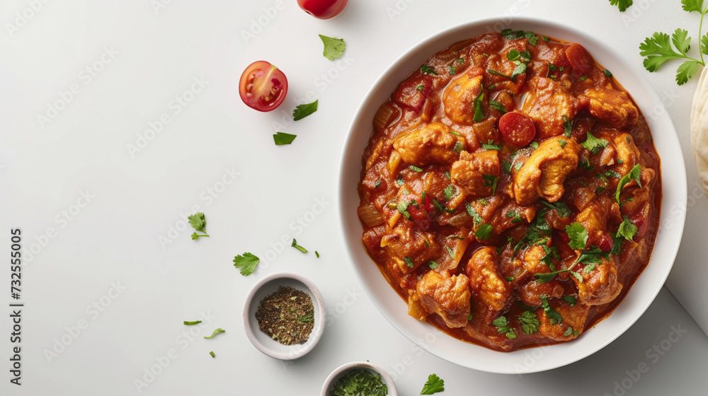 Indian food. Bowl of Indian food on white background. Top view