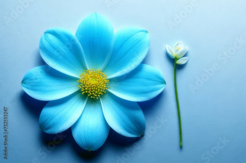 A blue flower with a yellow center is on a branch against a blue background. ai generative