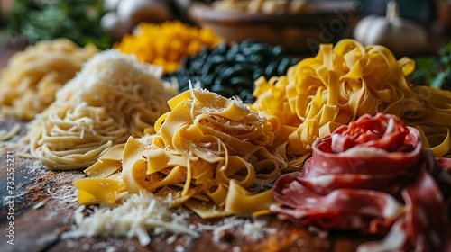  fettuccine pasta sprinkled with grated parmesan cheese among the ingredients of Mediterranean cuisine on a wooden table, Concept: appetizing and picturesque dish for cookbooks, restaurant menus