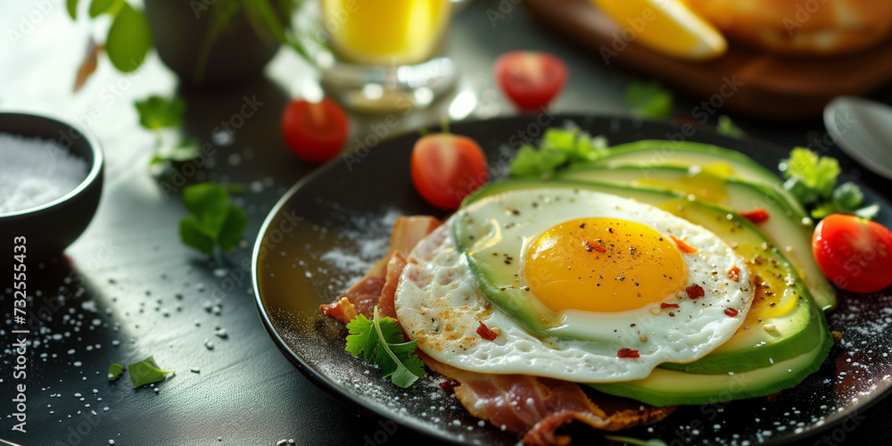 close shoot of a gourmet brunch with avocado ham sunny-side up egg tomato chili seasoning on healthy seed bread avocado toast close shoot of a gourmet brunch with avocado ham sunny-side up egg tomato chili seasoning on healthy seed bread avocado toast