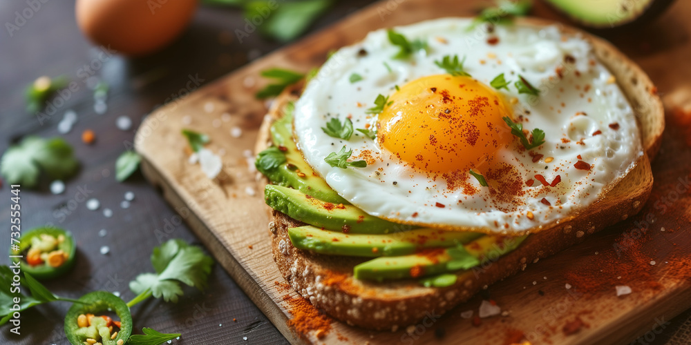 close shoot of a gourmet brunch with avocado ham sunny-side up egg tomato chili seasoning on healthy seed bread avocado toast wood plate close shoot of a gourmet brunch with avocado ham sunny-side up egg tomato chili seasoning on healthy seed bread avocado toast wood plate