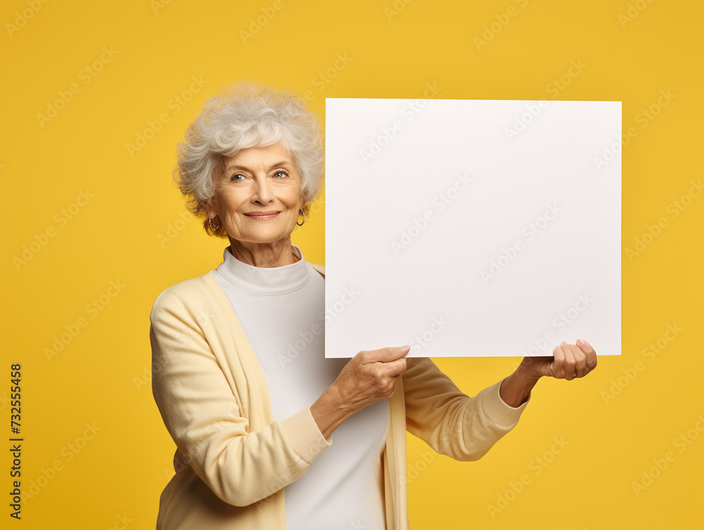 Senior woman holding a white blank poster in her hands