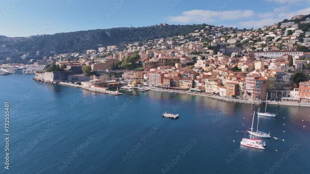 Drone flies around the Port de la Santé of Villefranche-sur-mer, from right to left Drone flies around the Port de la Santé of Villefranche-sur-mer, from right to left