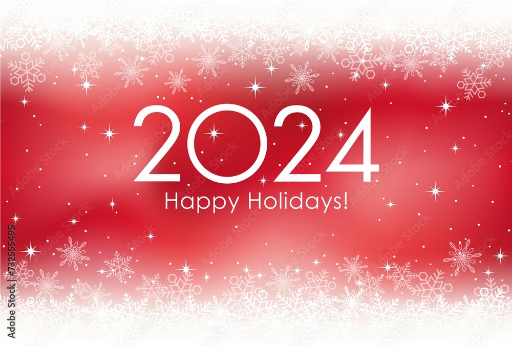 2024 Christmas New Years Greeting Card With Snowflakes Red Background Vector Illustration