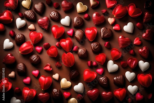 Valentine's Day background with chocolates, hearts and red tulips