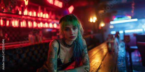 close portrait of a beautiful young Crazy blue pink piurple green colored hair alternative girl egirl with piercings smiling enjoy the music at a bar