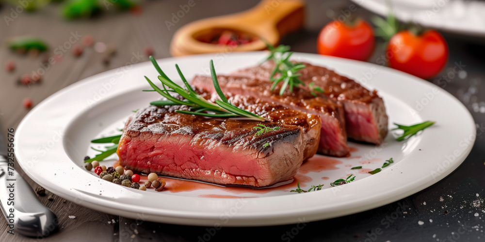 Close photo of a medium rare english steak in an expensive restaurant with rosemary on the kitchen desk Close photo of a medium rare english steak in an expensive restaurant with rosemary on the kitchen desk
