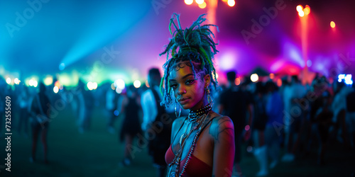 close portrait of a beautiful black young Crazy blue pink piurple green colored rasta hair alternative girl egirl  with piercings smiling enjoy a music festival 