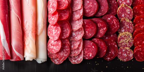 Different type of salami and sausages sliced at the meat market photo