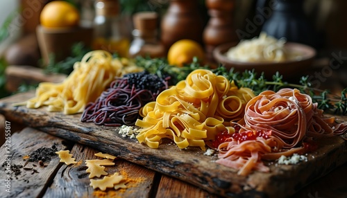  fettuccine pasta sprinkled with grated parmesan cheese among the ingredients of Mediterranean cuisine on a wooden table, Concept: appetizing and picturesque dish for cookbooks, restaurant menus