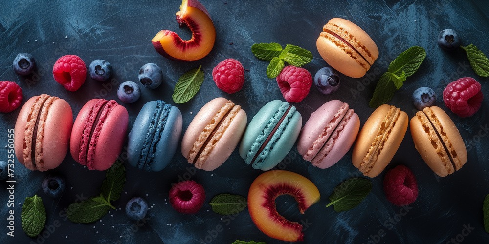 Different taste of macaroon on an elegant marble background with cocoa powder mint leaves rashberries chocolate pieces and peach