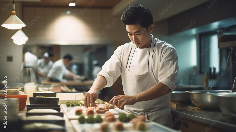 A male chef at a traditional Japanese restaurant prepares sushi and fresh fish food. A male chef at a traditional Japanese restaurant prepares sushi and fresh fish food.