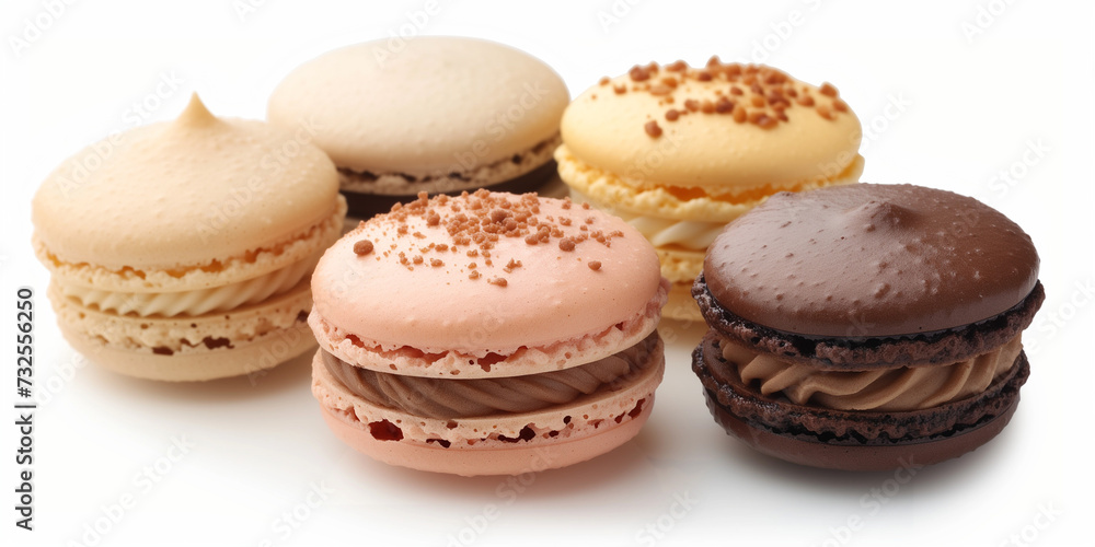 Different taste of macaroon classic form on white background from above chocolate calamer coffee Different taste of macaroon classic form on white background from above chocolate calamer coffee