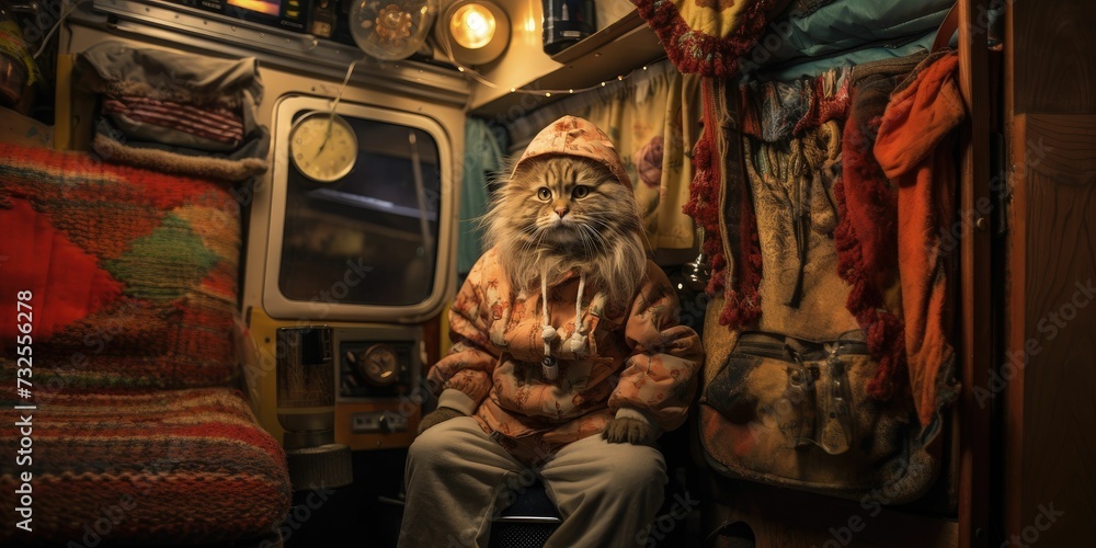 A gray-striped domestic cat sitting inside a modern commercial airplane cabin