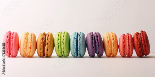 Different taste of macaroon colorful classic form on white background from above chocolate lemon pistachio caramel rashberry blueberry  photo