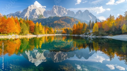 Autumn landscape with lake and mountains