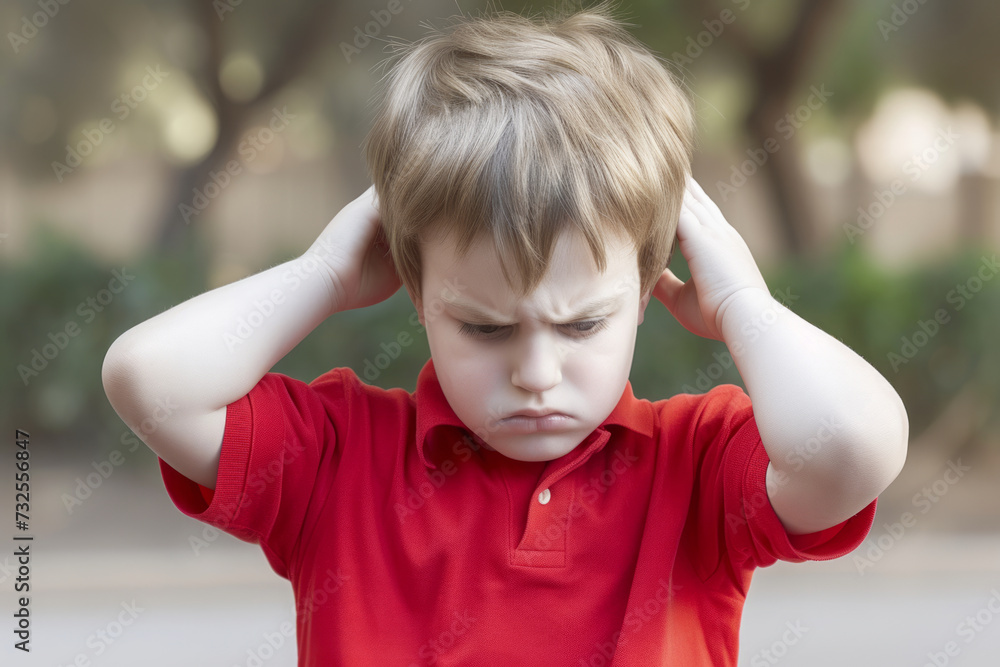 Little Caucasian boy in red polo shirt closing ears with his hands. Child does not want to hear. Protective pose, protectiveness, childhood traumatic experience Little Caucasian boy in red polo shirt closing ears with his hands. Child does not want to hear. Protective pose, protectiveness, childhood traumatic experience