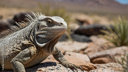 A close-up of a desert iguana perched on a rock with its front claws holding onto the surface  looking at the camera.