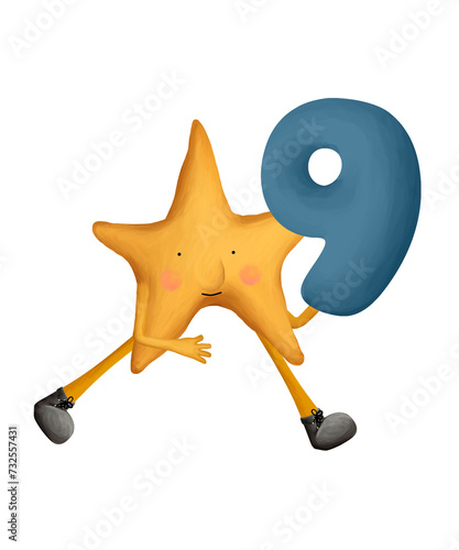 Bright numbers. Cute star with number 9. Illustration for kids on white background