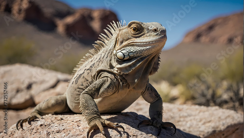 A close-up of a desert iguana perched on a rock with its front claws holding onto the surface, looking at the camera. © xKas