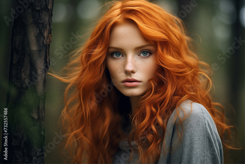 Enchanting forest scene featuring redhead and blonde women in dark orange and gray tones.