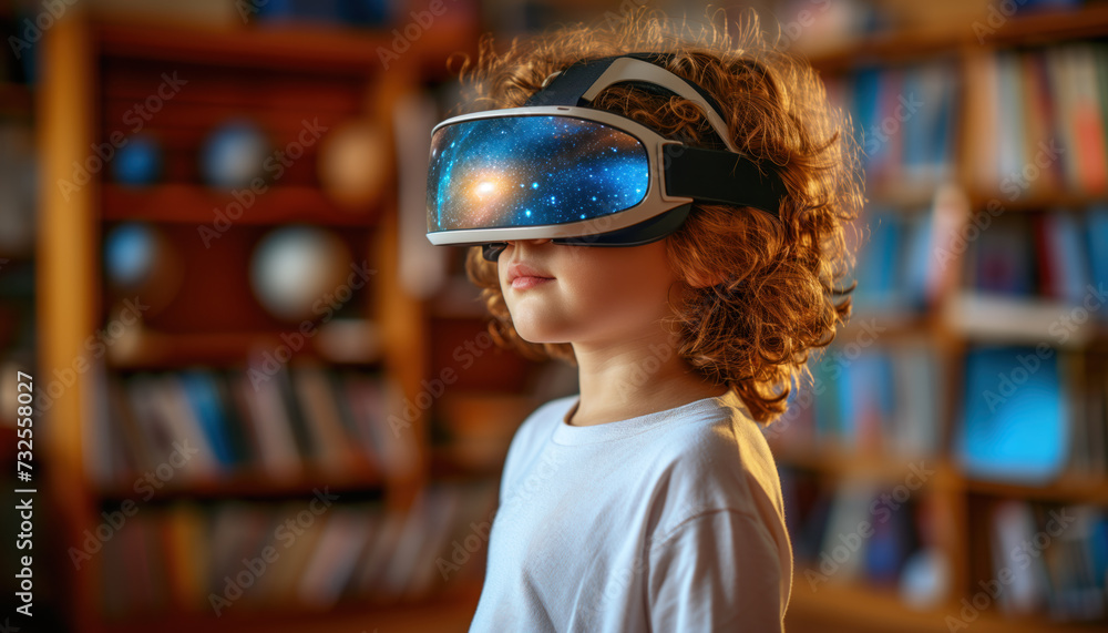 School child with virtual reality glasses studying astronomy. The concept of using virtual reality and augmented reality technologies in teaching children School child with virtual reality glasses studying astronomy. The concept of using virtual reality and augmented reality technologies in teaching children