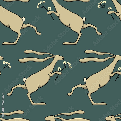 Vector seamless pattern with hand drawn sweet hares in a hurry with blooming flowers. Beautiful animal design elements  ink drawing  cartoon style. Perfect for Easter prints and patterns