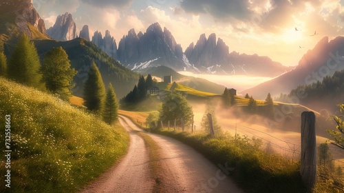 
Empty country road on Venegia valley, high altitude Dolomite valley natural park with jagged peaks, rolling meadows, pastures and streams. photo