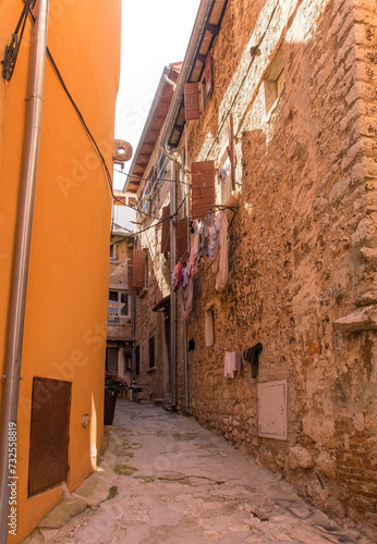 A quiet back street in the historic centre of the medieval coastal town of Rovinj in Istria, Croatia