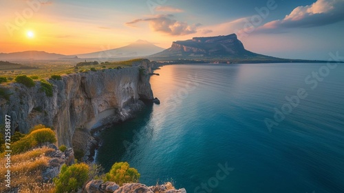  Fantastic sunrise of Zafferano cape. Incredible spring seascape of Mediterranean sea, Sicily, Italy, Europe.