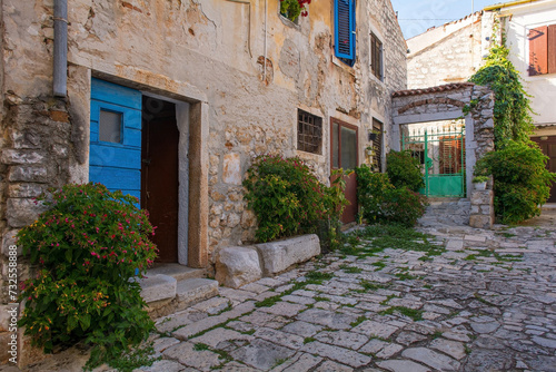 A quiet back street in the historic centre of the medieval coastal town of Rovinj in Istria  Croatia