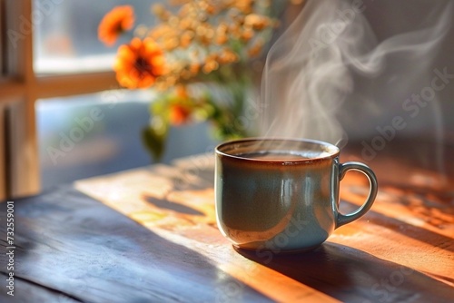A cup of aromatic coffee on a wooden table near a window with orange flowers in the morning with sunlight