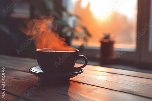 A cup of hot coffee with steam on a wooden table in a dark room in the morning sunlight. photo