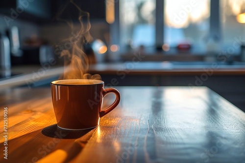A cup of coffee on a wooden table in the kitchen at sunrise